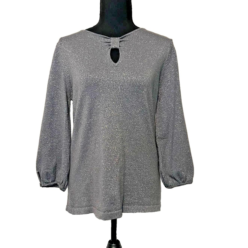 RAISEY 3/4 Sleeve Keyhole Neck Gray Metallic Blouse Large New Years Date Night